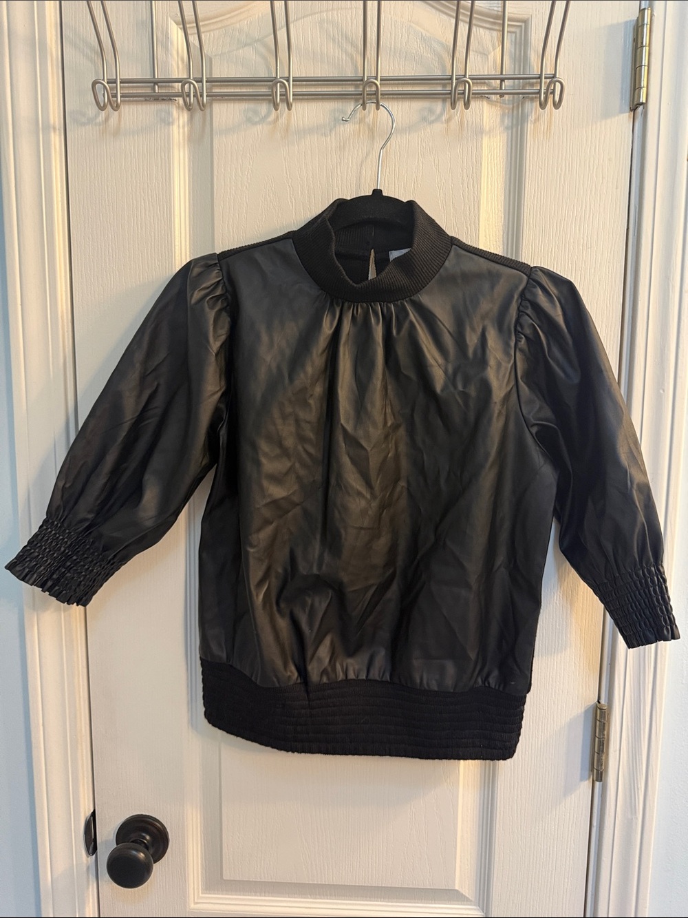 THML Black Faux-Leather Puff Sleeve Sweatshirt